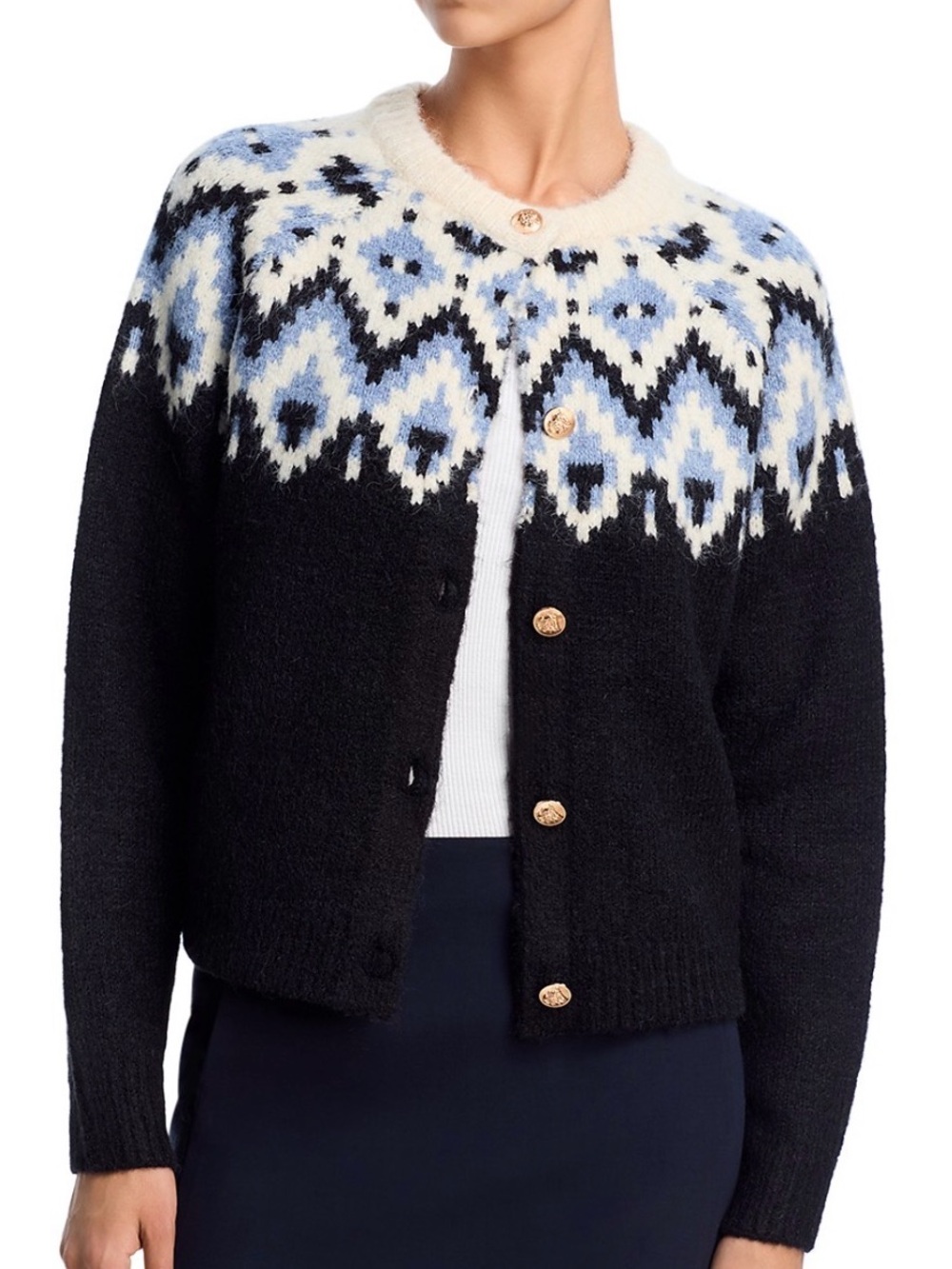 AQUA Navy Fair Isle Crewneck Cardigan Size L